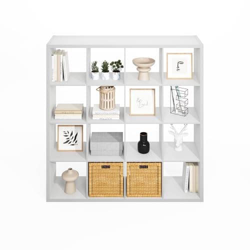Furinno White Open Back Cube Storage Organizer, 16-Cube Shelf
