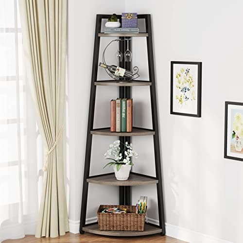 Tribesigns Grey 5 Tier Industrial Corner Ladder Shelf, 70 Inch Tall, Ideal for Living Room, Kitchen, Home Office