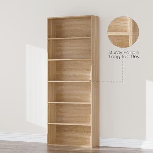 Fotosok Light Oak 6-Tier Bookshelf for Bedroom, Living Room & Office