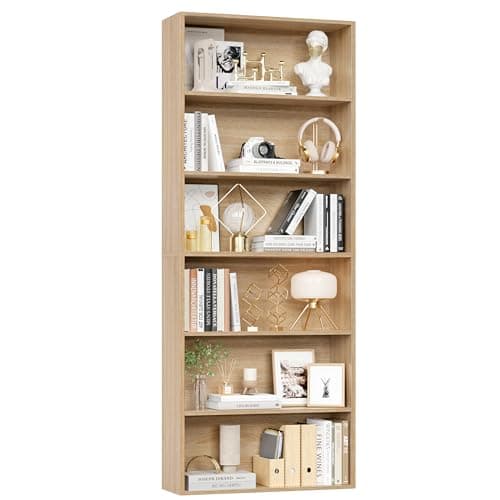 Fotosok Light Oak 6-Tier Bookshelf for Bedroom, Living Room & Office