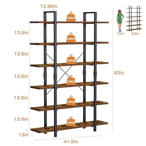 FRAPOW 6 Tier Industrial Bookshelf, 83 Inch Tall Rustic Open Metal Frame