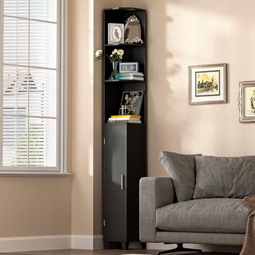 MOHOPE 74.8" Tall Corner Cabinet with Door, 5-Tier White Display Shelf