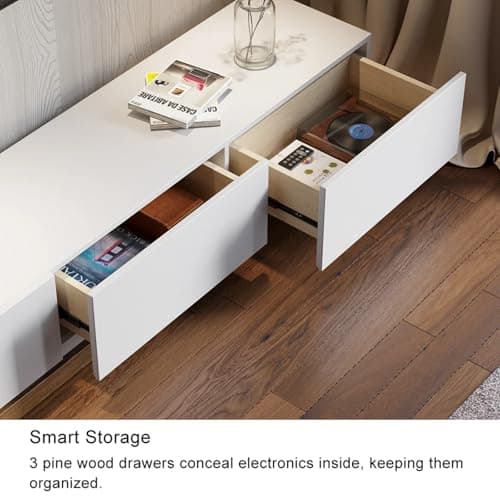 Homary White & Walnut Extendable TV Stand with Shelves & Drawers