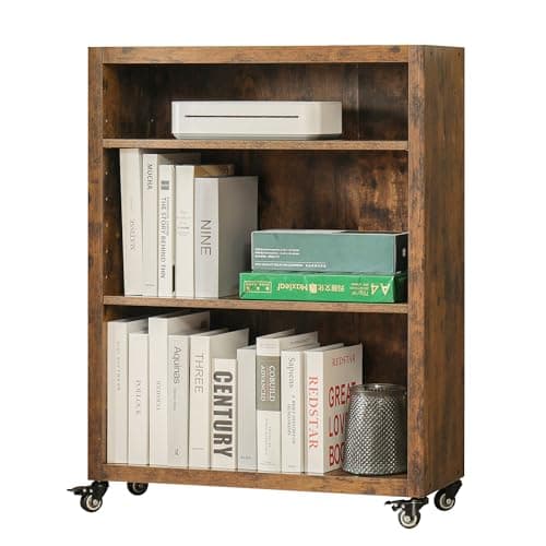 FUSUNBAO 3-Tier Antique Brown Bookshelf with Wheels for Living Room/Bedroom/Office