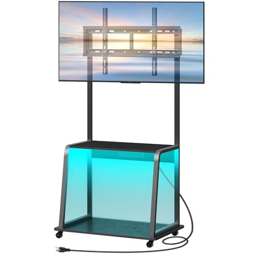HOOBRO Adjustable Corner TV Stand with Mount and Power Outlet - Rolling Console with LED Lights for Up to 55 TVs - Rustic Brown and Black