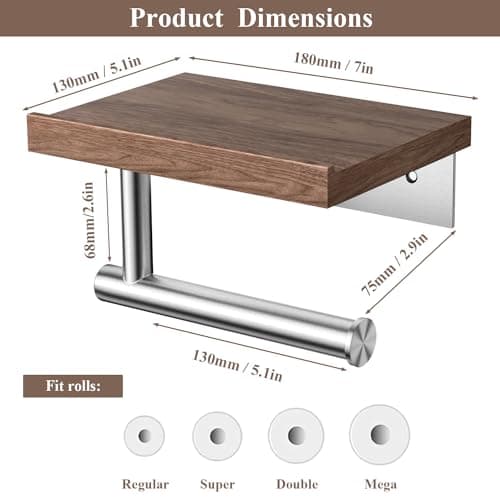 Wooden Wall Mounted Toilet Paper Holder with Shelf, Brushed Nickel Stainless Steel Bathroom Accessories