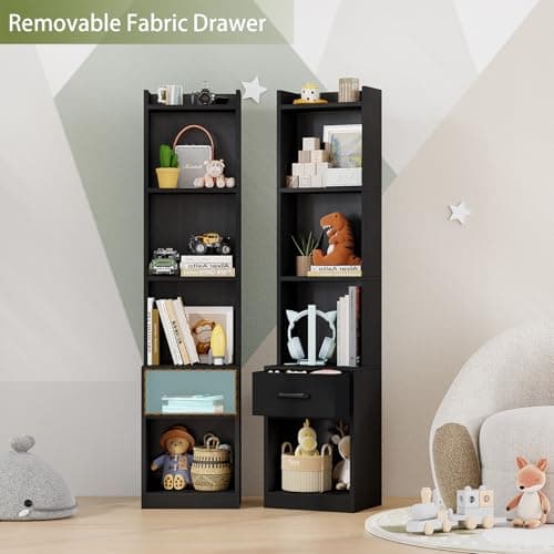 Furologee Black 6 Tier Industrial Wood Bookshelf with Drawer