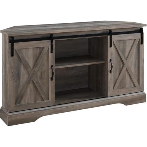 White Oak Finish Pemberly Row Wood Corner TV Stand with Sliding Doors & Adjustables