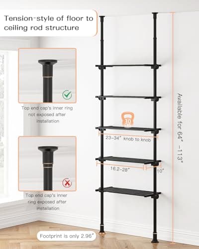 ALLZONE 64-113Inch Adjustable Narrow Bookshelf, Black