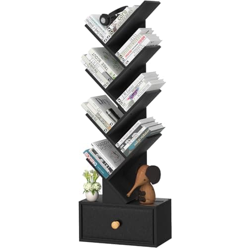 Natural 8-Tier Standing Wood Bookshelf with Drawer for Narrow Spaces