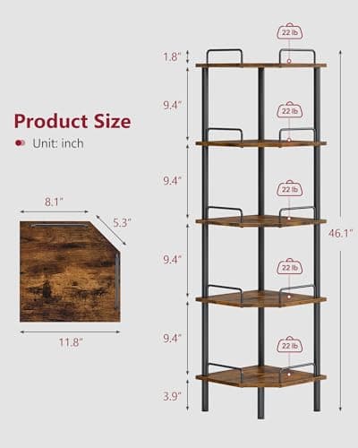 Tajsoon 5-Tier Industrial Corner Shelf, Rustic Brown, Multi-Purpose Stand