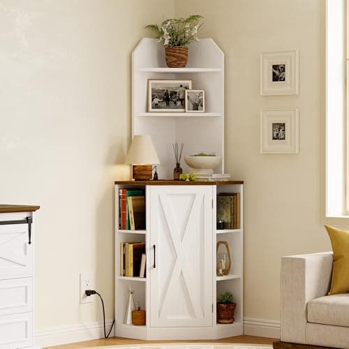 IRONCK White Farmhouse Corner Cabinet with 2 Doors 3 Shelves & Charging Station