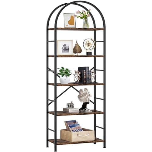 Shintenchi Arched 5-Tier Bookshelf, Tall Rustic Brown for Home Office or Bedroom