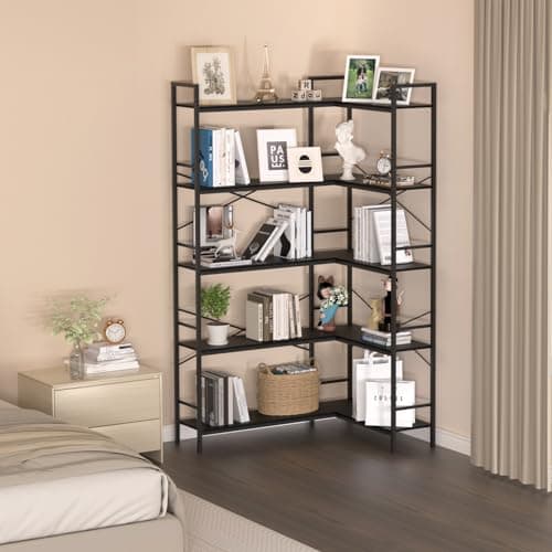 Black 5-Tier L-Shaped Corner Bookshelf with Open Storage