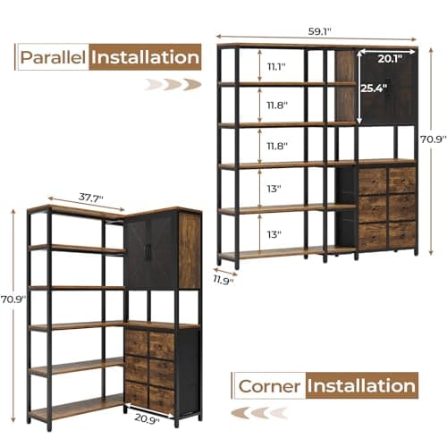 Industrial 6 Tier Bookshelf with Fabric Drawers - Large Corner L-Shaped Shelf - Rustic Brown