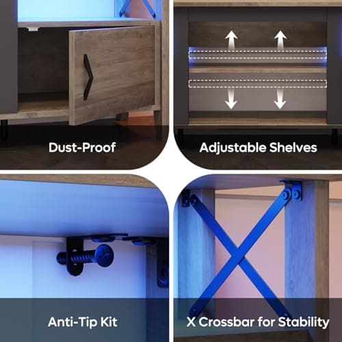 Bestier 63" Grey Wash Farmhouse TV Stand with LED Lights and Storage