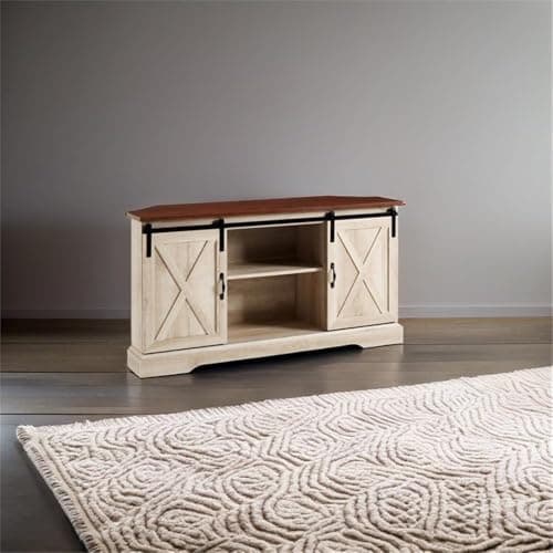 White Oak Finish Pemberly Row Wood Corner TV Stand with Sliding Doors & Adjustables