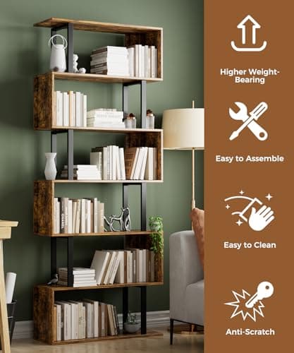 Gadroad 6 Tier Geometric S-Shaped Bookcase, Rustic Brown, Living Room Bedroom Storage