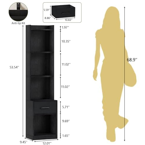 Furologee Black 6 Tier Industrial Wood Bookshelf with Drawer