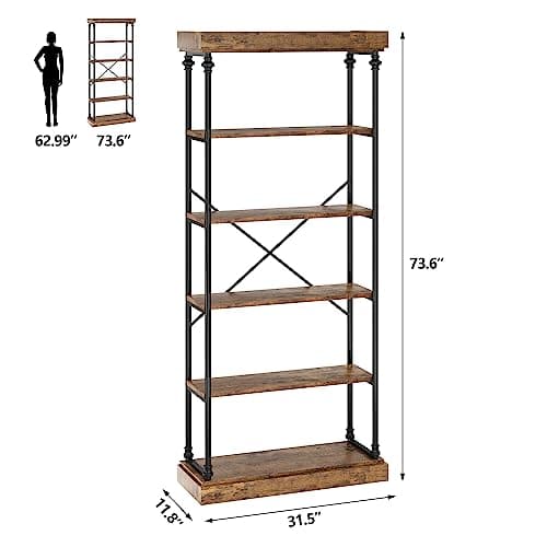 Vintage Industrial 6-Tier Wood Bookshelf Tall Display Rack