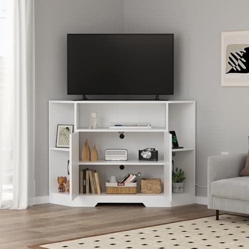 Modern Farmhouse 55 Inch TV Stand with Power Outlet, Wood Console Storage Shelves, White