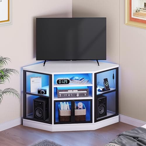 YITAHOME 47-Inch Modern Corner TV Stand with Storage and LED Light for Living Room or Bedroom, White