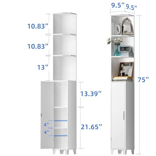 MOHOPE 74.8" Tall Corner Cabinet with Door, 5-Tier White Display Shelf