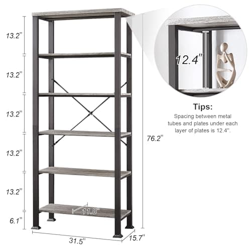 HOMBAZAAR Grey Industrial 6 Tier Bookshelf for Living Room, Office, Bedroom, Kitchen