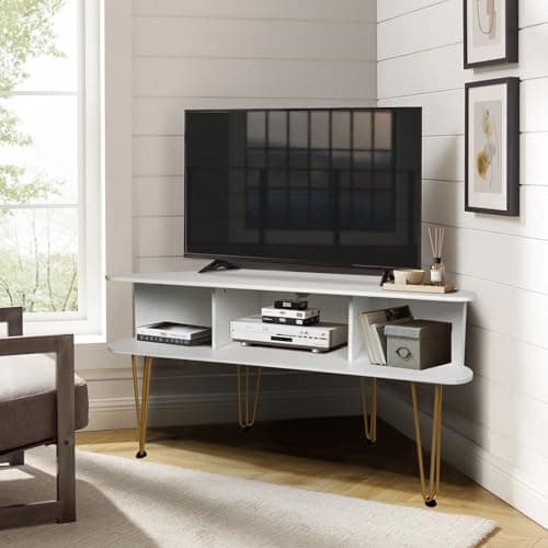 Corner TV Stand with Open Storage and Cable Hole, Brown