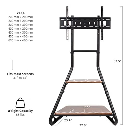 VIVO STAND-TV75BH Floor Stand for 37-75 inch TVs, Height Adjustable, Dark Walnut Shelves
