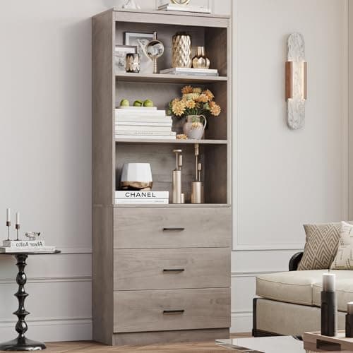 Fotosok 71" Tall Dark Grey Bookshelf with Drawers & 3-Tier Shelves for Home Office