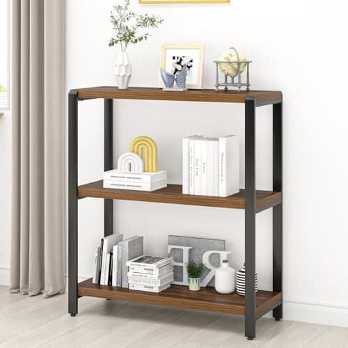 FOLUBAN 3-Tier Industrial Metal & Wood Bookshelf, Rustic Walnut, for Living Room and Bedroom