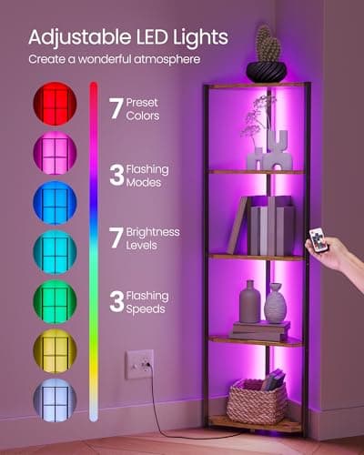 VASAGLE 5-Tier Corner Shelf Stand with LED Lights, Rustic Brown, for Living Room, Bedroom, and Study