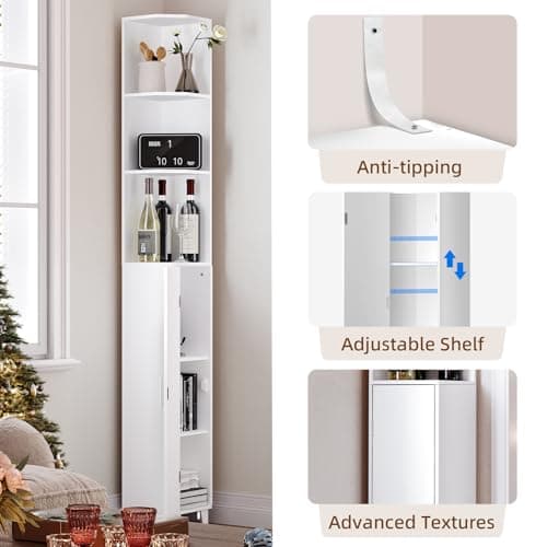MOHOPE 74.8" Tall Corner Cabinet with Door, 5-Tier White Display Shelf