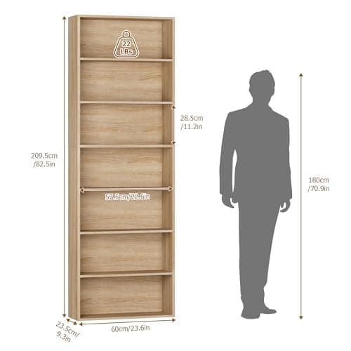 82" Tall Light Oak Bookshelf with 7-Tier Shelves for Home Office, Living Room, Bedroom
