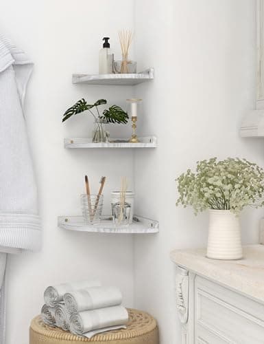 Rustic Distressed White Corner Shelves for Living Room & Kitchen