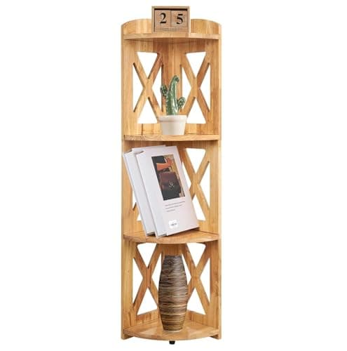 Natural Wood 3 Tier Corner Bookshelf, Plant Stand, Living Room, Home Office, Bedroom (White)