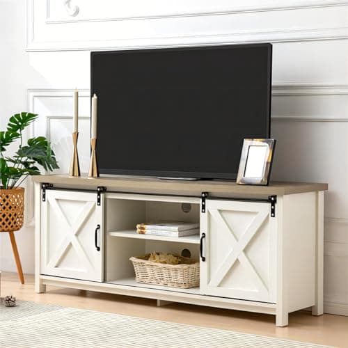 GAZHOME Dark Grey Rustic Modern Farmhouse TV Stand with Sliding Doors Storage