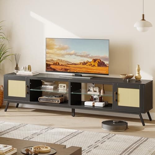 Bestier 80 Black Rattan TV Stand for 85 TV with Storage and LED Lights