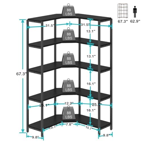 IBF 5-Tier Black Corner Bookshelf, Modern L-Shaped Storage Organizer