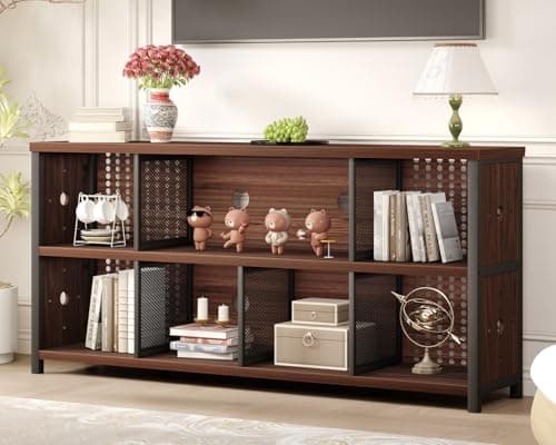 LVB Rustic Horizontal Bookshelf, Industrial Metal Wood Storage Organizer