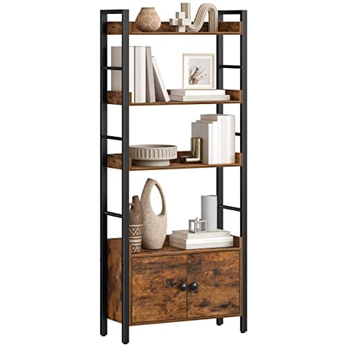 HOOBRO BF46SJ01 4-Tier Rustic Brown Bookshelf with Doors