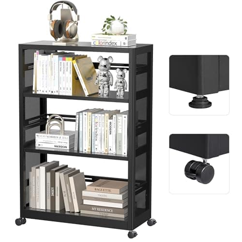 Heavy Duty Black Metal 3 Tier Rolling Bookshelf with Adjustable Feet - Assembly Required