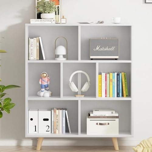 Vongrasig 7 Cube Bookshelf, Mid-Century Modern Wooden Storage Organizer
