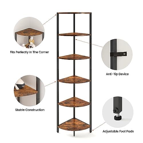 Industrial 6 Tier Corner Shelf: 63.1 Tall Rustic Bookcase for Living Room or Bedroom