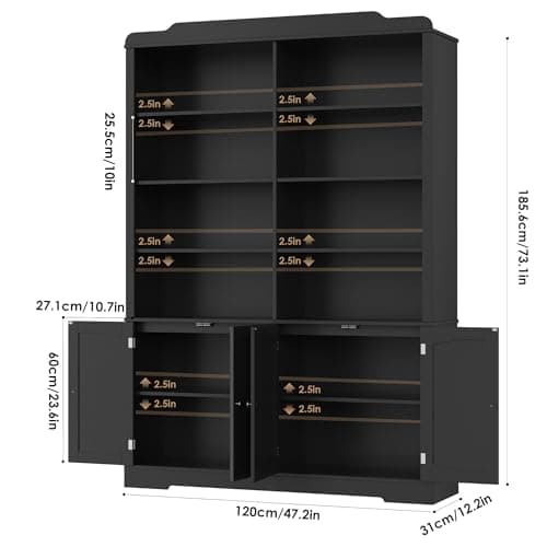 73.1" Tall Black Bookcase with Doors and Adjustable Shelves for Living Room and Home Office