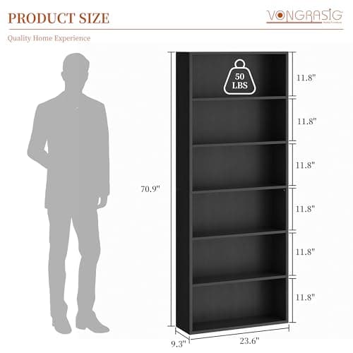 Vongrasig 6-Tier Black Floor Standing Wood Bookcase 71" Tall Home Office Living Room Bed Room Decor