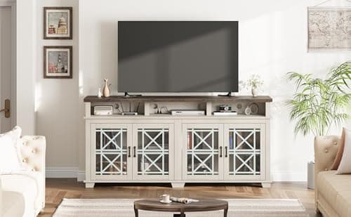 GAOMON Whitewashed Farmhouse TV Stand with LED Lights & Storage for 70" TV