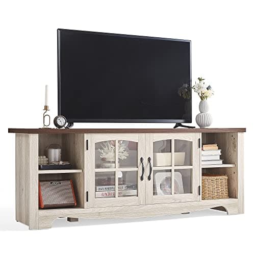 LINSY HOME Sturdy 65 Inch TV Stand with Glass Door Storage & Adjustable Shelves