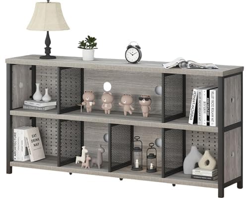 LVB Rustic Horizontal Bookshelf, Industrial Metal Wood Storage Organizer